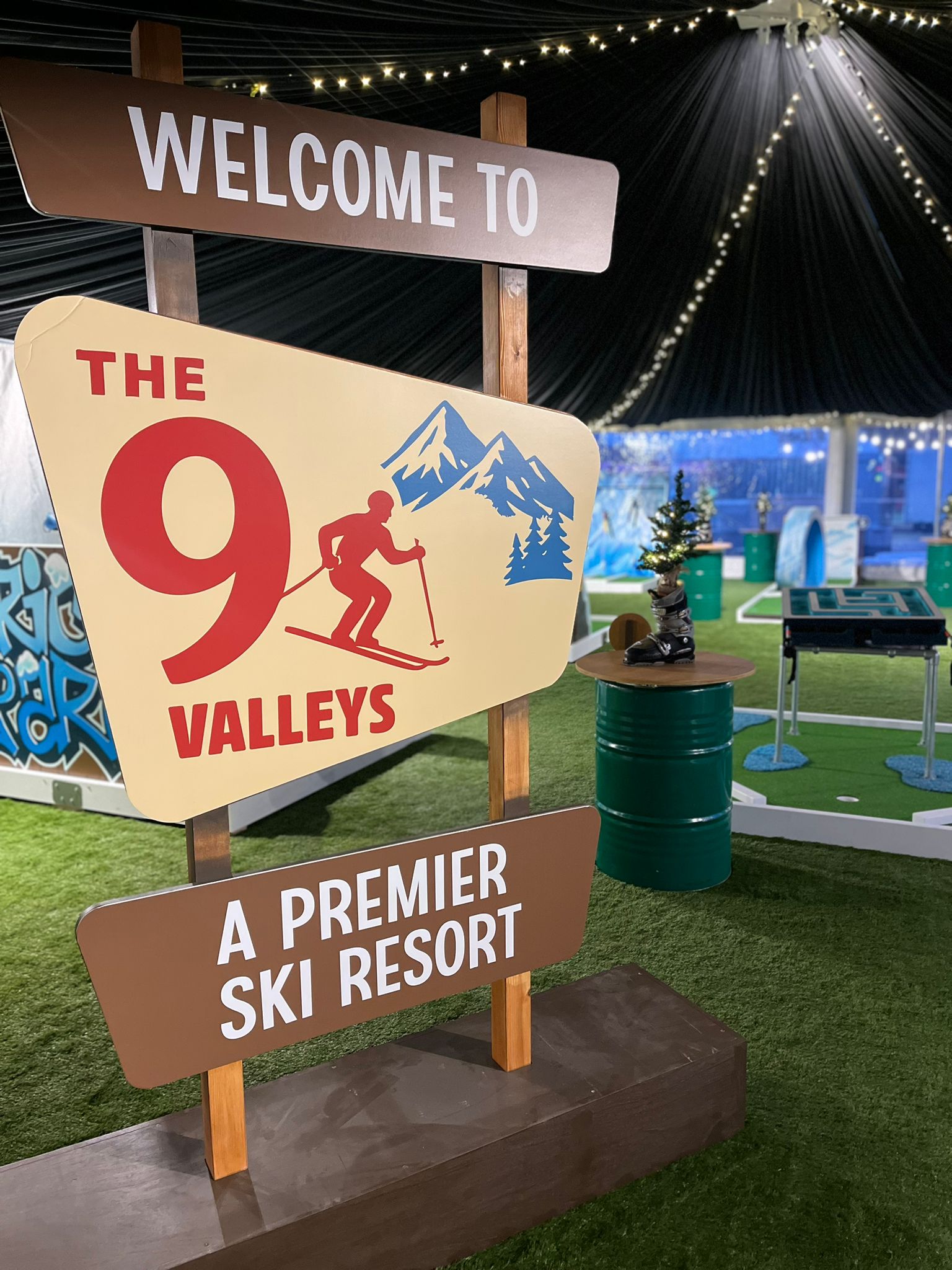 Alpine-themed crazy golf course entrance signage