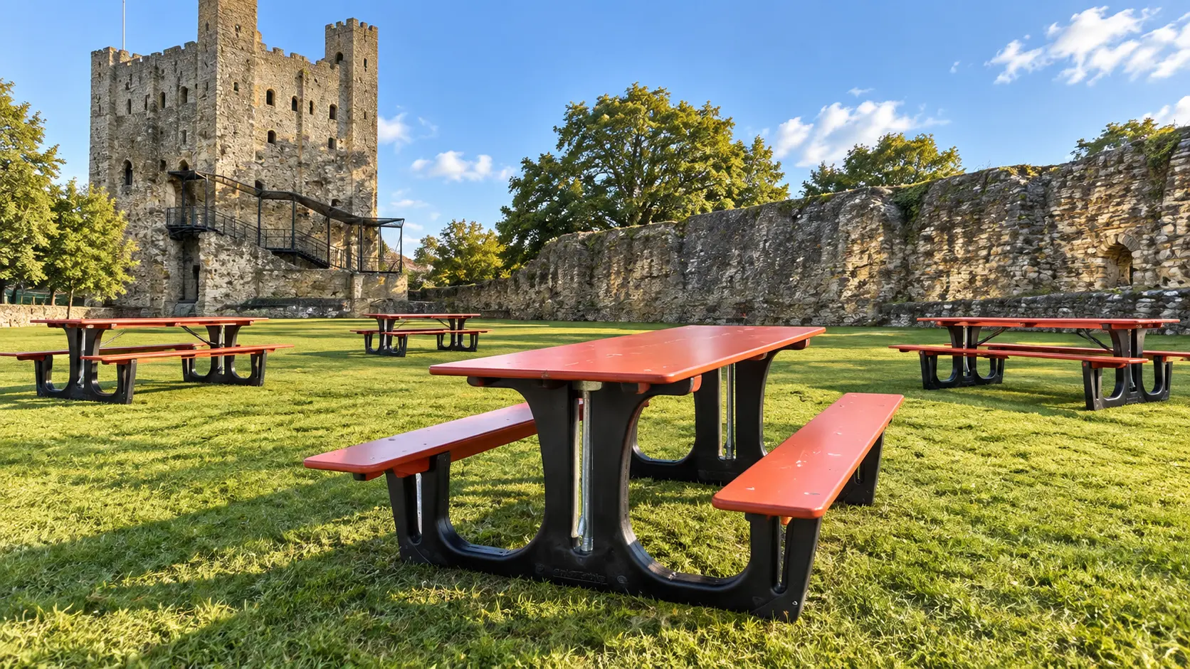 Clean red event picnic tables on grass in the sunshine at Rochester Castle